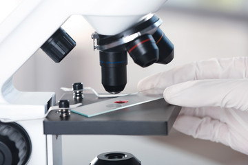 Analyst doing laboratory test with microscope, closeup. Chemical analysis