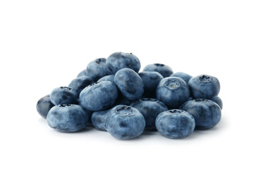 Heap of fresh ripe blueberries on white background