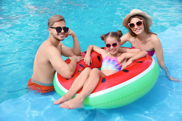 Happy family in pool on sunny day