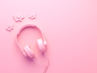 Vintage Pink Headphone with Pin heart, sound, song, play, recording. Overhead view of Traveler's accessories, Flat lay photography of Travel concept. Pink isolated background. 3d render