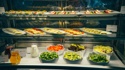 buffet, dishes are beautifully on the table.