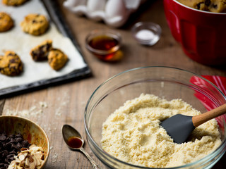 Cookie dough , Ingredients and baked cookies on cookie sheet