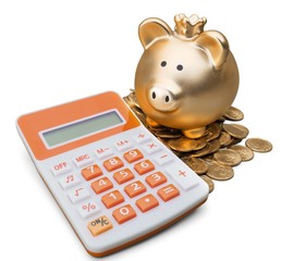 Piggy Bank with Coins and Calculator