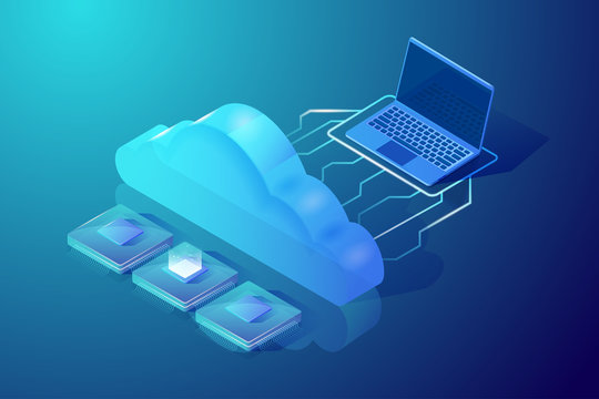 Cloud computing and storage. Isometric vector illustration. Abstract design concept. Picture showing laptop, cloud and central processing units. Hosting and data processing.