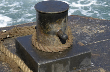 Closeup of mooring bollard of ferry