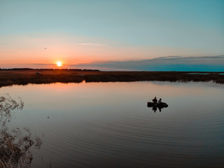 Drone Shot &ndash; Fishing in Kazakhstans Steppe at Sunset