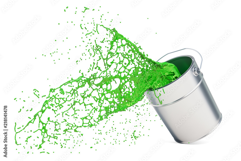 Poster green paint can with splashing, 3d rendering