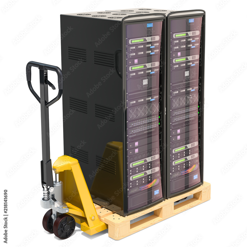 Poster pallet truck with computer server racks, delivery concept. 3d rendering