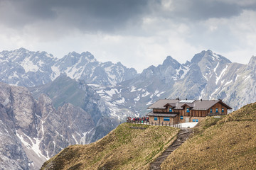 Panorama of Viel del Pan Hut with dolomitic background, Dolomites, Trentino, Italy
