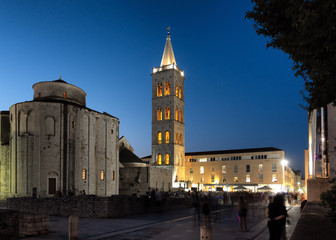 Fototapeta na wymiar Zadar, Croatia at sunset with the ancient church of St Donat and antique Roman square