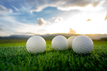 close up the golf ball on the green background with sunset