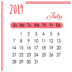 Calendar July red 2019 on white background