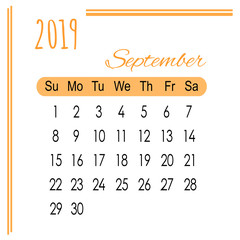 Calendar September orange 2019 on white background