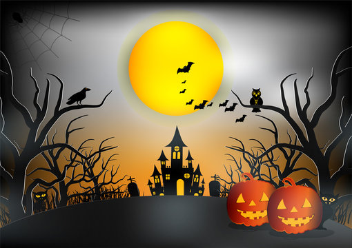 Halloween night background with pumpkin, haunted house and moon. Vector illustration