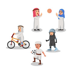 Set of Arabian Children Sport Vector Cartoon Illustration