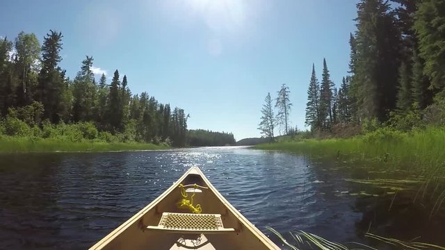 Paddling a canoe upstream on a bright sunny, warm summer day with a bit of head wind.