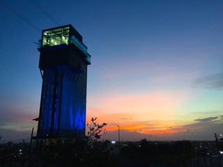 Sunset and Cable car tower in Puebla City, Mexico. 2018