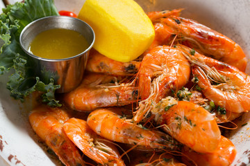 Close up shot of baked jumbo shrimp
