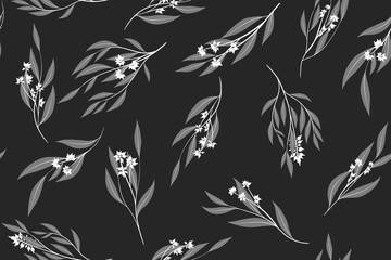 Eucalyptus Vector. Monochrome Seamless Pattern with Vector Leaves, Branches and Floral Element. Elegant Background for Rustic Wedding Design, Fabric, Textile, Dress. Eucalyptus Vector in Vintage Style