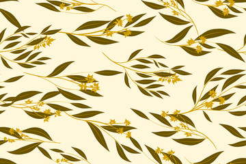 Tropical Seamless Pattern. Vector Eucalyptus Leaves and Beautiful Floral Elements. Botanical Summer Background. Elegant Tropical Seamless Pattern for Wedding Design, Print, Textile, Fabric, Wrapping.