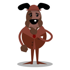 Cartoon vector illustrated business dog thinking with hand under his mouth.