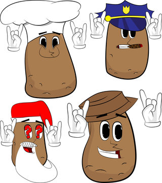 Potatoes with hands in rocker pose. Cartoon potato collection with costume faces. Expressions vector set.