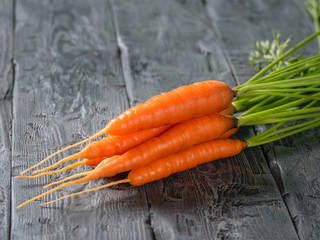 Bunch of fresh ripe carrots on a dark wooden table. Place for text.