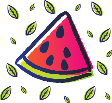 funy watermelon fruit with doodle sketch style use gradient color and leaf pattern as a background