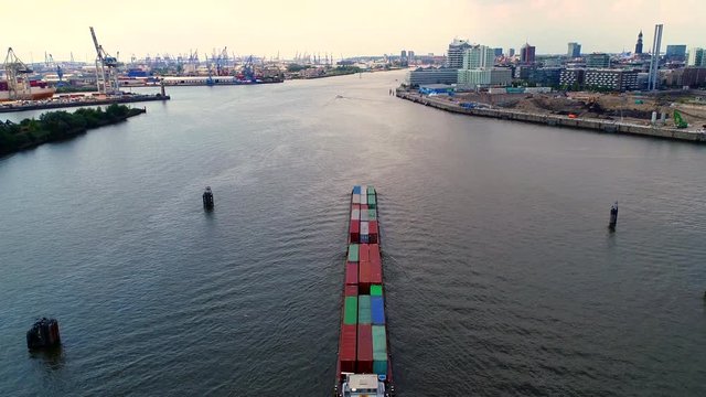 Aerial shot of container ship in Germany Hafencity Hamburg