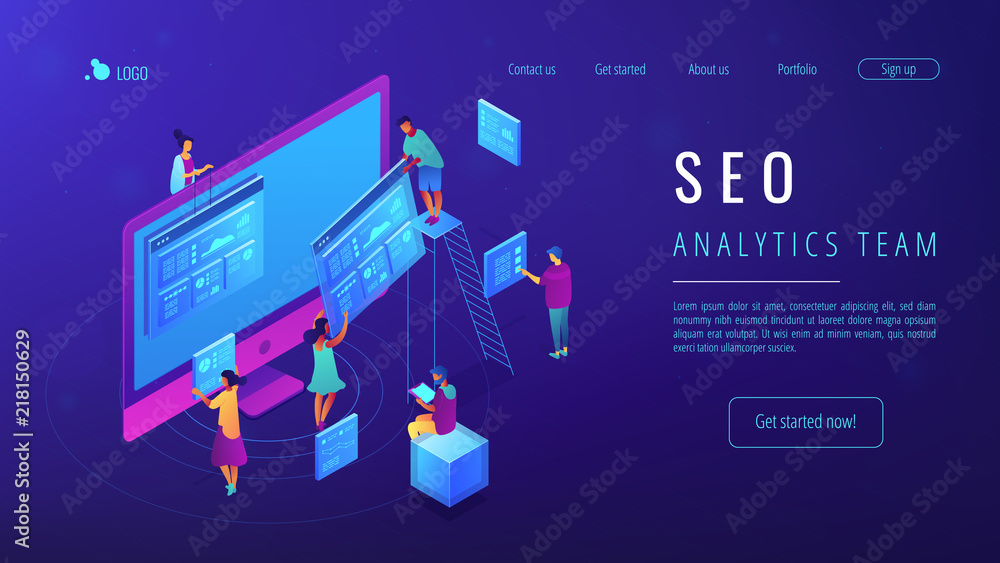Poster isometric it specialists working with web pages and charts landing page. seo analysis and optimizati