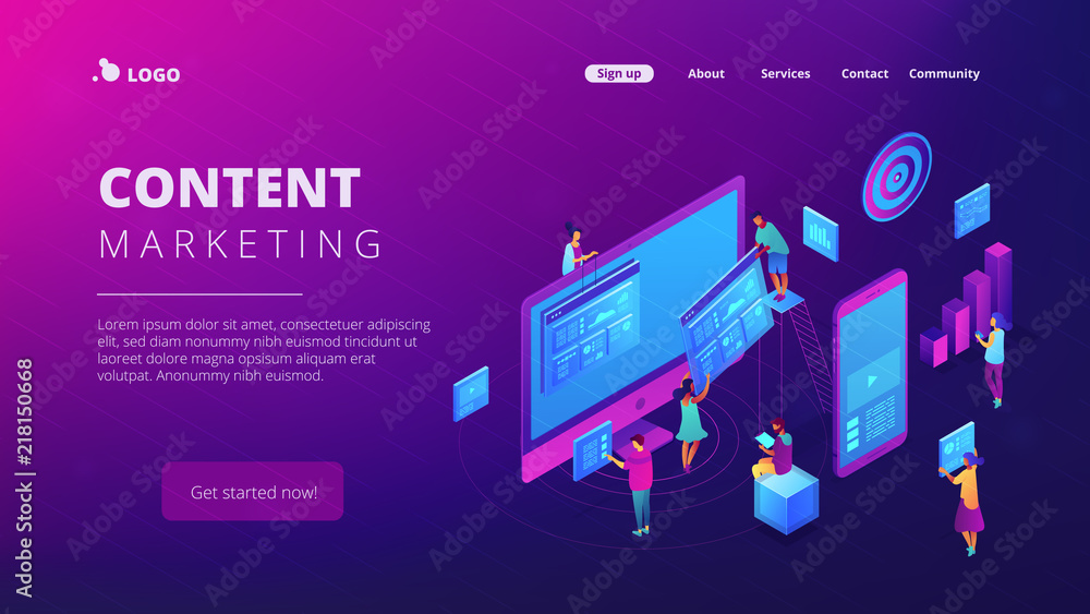 Canvas Prints isometric it specialists working with charts on content marketing landing page. business analysis, c