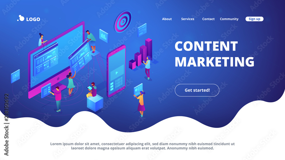 Canvas Prints isometric it specialists working with charts on content marketing landing page. business analysis, c