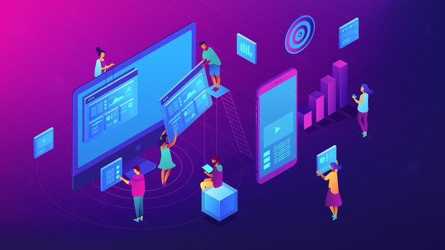 Isometric IT team working with charts on content marketing illustration. Business, digital content, content strategy and management concept. Ultra violet background. Vector 3d isometric illustration.