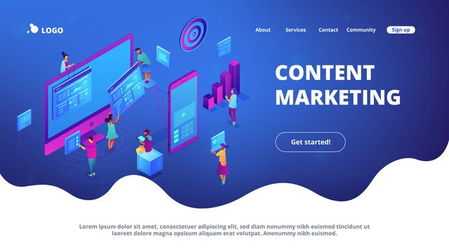 Isometric IT specialists working with charts on content marketing landing page. Business analysis, content strategy and management concept. Blue violet background. Vector 3d isometric illustration.