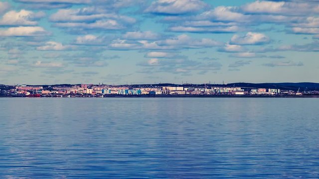 Dudinka seaport at Yenisey river estuary. Northern part of Krasnoyarsk region, Siberia, Russia.