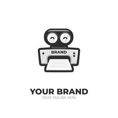 Happy Robot print logo icon cartoon. Printer company mascot cute illustration sticker character