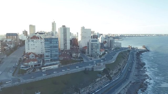 Sky view of Mar del Plata Argentina – 4k drone video of the Argentinian coast and downtown area of Mar del Plata Casino Central in spring time.  Buenos Aires Capital Federal district  
