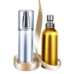 Naklejka premium Perfume and cosmetic bottles vector illustration of 3D realistic isolated mockups for premium brand design with gift ribbon. Metallic golden sprayer and moisturizer container with silver dispenser cap