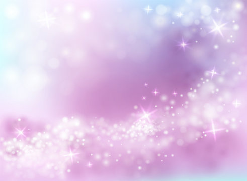Sparkling light shine vector illustraiton of sky purple and blue background with twinkling stars and bokeh blur wave effect