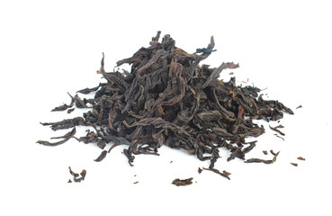 Heap of dried green tea on white background