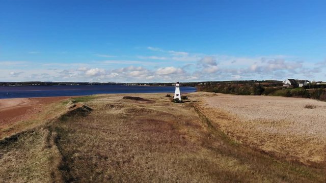 Lighthouse in grassy field and extended landscape