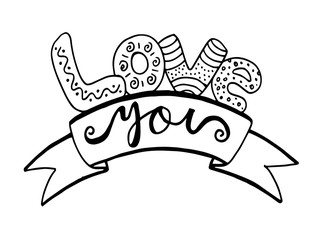 Love you text with ribbon, hand drawing