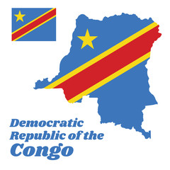 Map outline and flag of Dr Congo, Sky blue flag, adorned with a yellow star in the upper left canton and cut diagonally by a red stripe with a thin yellow frame. with Democratic Republic of the congo.