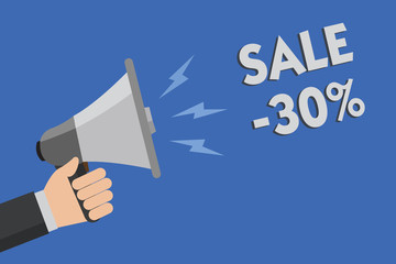 Word writing text Sale 30. Business concept for A promo price of an item at 30 percent markdown Man holding megaphone loudspeaker blue background message speaking loud.