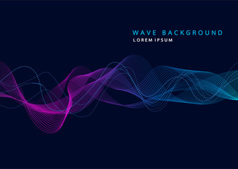 Abstract background with dynamic particle sound waves. Wave of musical soundtrack for record. Vector illustration - obrazy, fototapety, plakaty