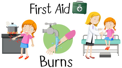 A girl with burn arm first aid