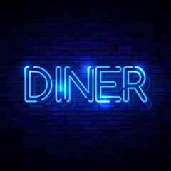 Diner neon sign on the brick wall. Vector Illustration