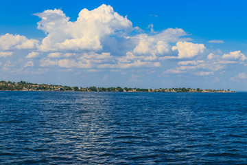 View of Nikopol town from Kakhovka reservoir, Ukraine