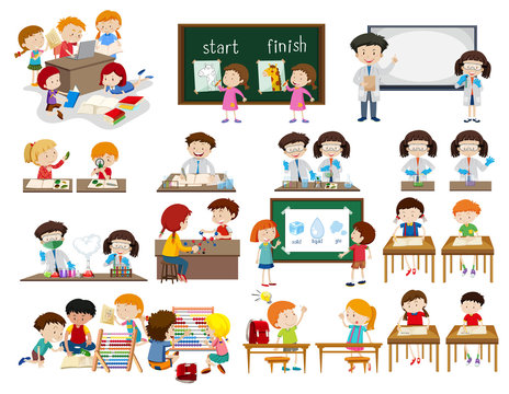 Set of children in classroom scenes