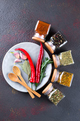 Fototapeta premium Colorful spices and herbs for cooking background and design top view. Flat lay
